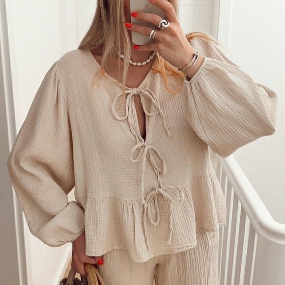 Apricot Casual Women's Lantern Sleeve Tie Waist Top & High Waist Pants Set - Picture 3 of 8